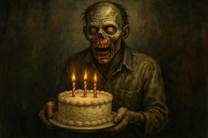 Zombie holding birthday cake